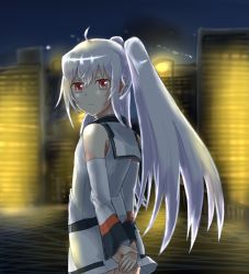 Rule 34 | 10s, ahoge, arms behind back, building, detached sleeves, dress, from behind, isla (plastic memories), lamppost, long hair, night, plastic memories, red eyes, short dress, solo, somechime (sometime1209), twintails, white dress, white hair