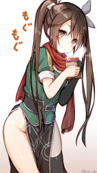 Rule 34 | 10s, 1girl, absurdres, baked potato, blush, brown eyes, brown hair, commentary request, eating, food, gloves, groin, highres, kantai collection, katoroku, no panties, pelvic curtain, roasted sweet potato, scarf, single glove, single thighhigh, solo, sweet potato, thighhighs, tone (kancolle), tone kai ni (kancolle), twintails, twitter username, white background