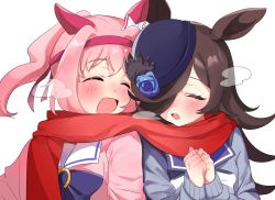Rule 34 | 2girls, animal ears, blue flower, blue rose, blush, bow, breath, brown hair, closed eyes, commentary request, ear bow, ear covers, facing another, flower, hair over one eye, haru urara (umamusume), headband, highres, horse ears, long sleeves, multiple girls, open mouth, own hands together, pink hair, pink shirt, piyon (pyon piiii), ponytail, purple shirt, red scarf, rice shower (umamusume), rose, sailor collar, scarf, shared clothes, shared scarf, shirt, simple background, smile, umamusume, upper body, white background