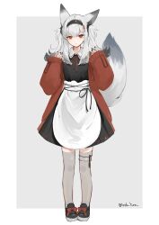 Rule 34 | 1girl, andou yuna, animal ears, apron, arknights, black footwear, black hairband, black nails, black shirt, black skirt, brown jacket, collared shirt, frostleaf (arknights), full body, grey background, grey hair, grey thighhighs, hairband, highres, jacket, loafers, long hair, long sleeves, looking at viewer, nail polish, open clothes, open jacket, over-kneehighs, parted lips, pleated skirt, puffy long sleeves, puffy sleeves, red eyes, shirt, shoes, skirt, sleeves past wrists, solo, standing, tail, thighhighs, twintails, twitter username, two-tone background, waist apron, white background