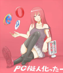 Rule 34 | 1girl, bigoru, cd, character request, computer, internet explorer, itunes, off shoulder, opera (web browser), original, personification, red background, red hair, shoes, simple background, single shoe, sitting, skirt, solo, thighhighs, zettai ryouiki