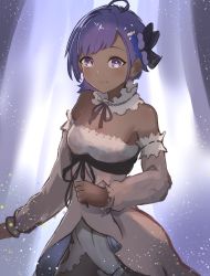 Rule 34 | 1girl, absurdres, bare shoulders, black bow, blush, bow, breasts, collar, commentary request, dark-skinned female, dark skin, detached collar, detached sleeves, dress, fate/grand order, fate/prototype, fate/prototype: fragments of blue and silver, fate (series), frilled collar, frilled sleeves, frills, hair bow, hassan of serenity (fate), hassan of serenity (lostroom outfit) (fate), highres, long sleeves, lostroom outfit (fate), official alternate costume, purple eyes, purple hair, short hair, small breasts, solo, swept bangs, taruto (takug0812), white dress, white neckwear