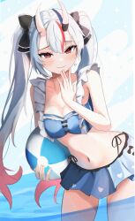 Rule 34 | 1girl, absurdres, ball, beachball, bikini, black ribbon, blue bikini, blush, breasts, cleavage, commentary, cowboy shot, earrings, english commentary, fang, gradient hair, grey hair, hair ribbon, hand up, heart, heart earrings, highres, hoangryu, hololive, horns, jewelry, long hair, looking at viewer, medium breasts, multicolored hair, nakiri ayame, navel, pink hair, red eyes, ribbon, skin-covered horns, skin fang, smile, smirk, solo, standing, swimsuit, twintails, virtual youtuber, wading