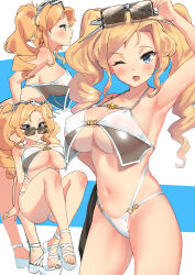 Rule 34 | 1girl, absurdres, bikini, blonde hair, blue eyes, blush, breasts, casual one-piece swimsuit, cleavage, collarbone, commentary, crossed legs, drill hair, eyewear on head, hand on own hip, headgear, highres, honolulu (kancolle), kantai collection, large breasts, long hair, multiple views, navel, one-piece swimsuit, one eye closed, open mouth, osananajimi neko, sandals, sidelocks, simple background, smile, standing, sunglasses, swimsuit, symbol-only commentary, toeless footwear, twin drills, twintails, two-tone background, white footwear, white one-piece swimsuit