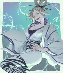 Rule 34 | 1girl, animal print, blue background, blue eyes, breasts, closed mouth, collarbone, commentary, electricity, english commentary, eyelashes, fangs, feet out of frame, grey hair, hair ornament, hair rings, hair stick, hand on own hip, jacket, japanese clothes, kekkaishi, kimono, large breasts, long sleeves, looking at viewer, obi, open mouth, outside border, pantyhose, print pantyhose, sash, short kimono, smile, solo, tatsuki (kekkaishi), undershirt, updo, white jacket, white kimono, wide sleeves, yoshicha, zebra print