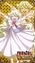 Rule 34 | 1girl, antenna hair, arms up, artist request, barefoot, blonde hair, blue eyes, blush, closed eyes, dress, eyelashes, facing viewer, fairy tail, feet, female focus, fingernails, flat chest, hair between eyes, hair ornament, happy, highres, legs, long dress, long hair, long sleeves, mavis vermilion, multicolored clothes, multicolored dress, neck, official art, open mouth, outstretched arms, pale skin, shiny clothes, shiny skin, sidelocks, spread arms, standing, tiptoes, toenails, toes, trading card, very long hair, wavy hair, white dress, wide dress