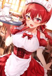 Rule 34 | 1girl, adapted costume, alternate costume, apron, bespectacled, blush, braid, breasts, cake, corset, cup, day, dirndl, dutch angle, enmaided, fang, food, fruit, german clothes, glasses, hand up, heterochromia, highres, hololive, houshou marine, indoors, large breasts, looking at viewer, maid, maid headdress, open mouth, ponnu (nikeytina), red-framed eyewear, red eyes, saucer, semi-rimless eyewear, solo, strawberry, tea set, teacup, teapot, tray, twin braids, twintails, under-rim eyewear, virtual youtuber, waitress, window, yellow eyes