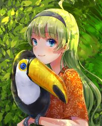 Rule 34 | 1girl, ahoge, animal on arm, bird, bird on arm, black hairband, blue eyes, blunt bangs, closed mouth, commentary, dappled sunlight, earrings, english commentary, eyelashes, floral print, food, fruit, green hair, hairband, hawaiian shirt, highres, idolmaster, idolmaster million live!, jewelry, leaf, leaf print, light blush, long hair, looking at viewer, orange (fruit), orange shirt, orange slice, outdoors, palm leaf, pink lips, shimabara elena, shirt, short sleeves, smile, solo, stud earrings, sunlight, toucan, upper body, wavy hair, witoi (roa)