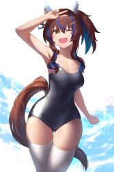 Rule 34 | 1girl, absurdres, animal ears, bare arms, bare shoulders, black one-piece swimsuit, breasts, brown hair, cowboy shot, daitaku helios (umamusume), fang, gluteal fold, hair between eyes, highres, horse ears, horse girl, horse tail, long hair, medium breasts, one-piece swimsuit, one eye closed, open mouth, ponytail, saikuu, skin fang, smile, solo, swimsuit, tail, thighhighs, tracen swimsuit, umamusume, v, white thighhighs, yellow eyes