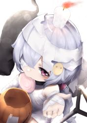 Rule 34 | 1girl, absurdres, alternate costume, bandages, bare shoulders, blush, candle, candy, food, genshin impact, highres, hinamayo, holding, holding food, holding pumpkin, holding vegetable, light particles, lollipop, looking at viewer, pumpkin, purple eyes, purple hair, qiqi (genshin impact), simple background, vegetable
