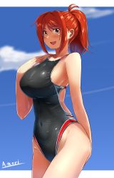 Rule 34 | 1girl, a.nori, absurdres, artist name, blue sky, breasts, brown eyes, brown hair, cloud, commentary request, competition swimsuit, covered navel, cowboy shot, hand on own chest, highres, large breasts, long hair, looking at viewer, one-piece swimsuit, original, ponytail, sky, solo, swimsuit