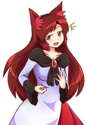 Rule 34 | +++, 1girl, :d, animal ears, brooch, brown hair, collarbone, double dealing character, dress, expressions, fingernails, gameplay mechanics, highres, imaizumi kagerou, jewelry, long fingernails, long hair, long sleeves, looking at viewer, nail polish, open mouth, red eyes, red nails, sharp fingernails, shirt, skirt, smile, smug, solo, tail, touhou, very long hair, werewolf, wide sleeves, wolf ears, wool (miwol)
