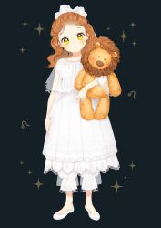 Rule 34 | 1girl, black background, bloomers, blush, bow, brown hair, closed mouth, collarbone, commentary request, dress, forehead, full body, hair bow, head tilt, highres, hugging object, leo (symbol), leo (zodiac), long hair, looking at viewer, original, see-through, shoes, simple background, solo, sparkle, standing, stuffed animal, stuffed lion, stuffed toy, suzuki moeko, underwear, white bloomers, white bow, white dress, white footwear, yellow eyes, zodiac