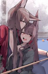 Rule 34 | 2girls, @ @, absurdres, akagi (azur lane), amagi (azur lane), animal ears, azur lane, ball, billiard ball, billiards, black kimono, blush, breasts, brown hair, cleavage, embarrassed, expressionless, eyeshadow, fox ears, fox girl, hair ornament, hairclip, highres, japanese clothes, kimono, kitsune, large breasts, leaning back, leaning forward, leaning on person, long hair, looking at viewer, makeup, multiple girls, open mouth, orange eyes, pool table, purple eyes, red eyes, red eyeshadow, red kimono, samip, surprised, table, teeth, upper body, upper teeth only, very long hair