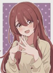 Rule 34 | 1girl, absurdres, blush, brown hair, fingernails, hair between eyes, highres, idolmaster, idolmaster shiny colors, long hair, long sleeves, looking at viewer, osaki tenka, own hands together, patterned background, pippo (pippo314), shirt, sidelocks, smile, solo, straight hair, upper body, very long hair, yellow eyes