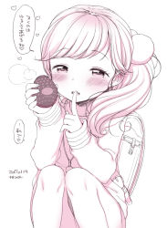 Rule 34 | 1girl, :d, backpack, bag, blush, copyright request, dated, finger to mouth, fingernails, hair ornament, heart, holding, kanya pyi, long hair, long sleeves, monochrome, open mouth, randoseru, shirt, shushing, simple background, sleeves past wrists, smile, solo, squatting, translation request, white background