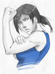 Rule 34 | 1girl, bad deviantart id, bad id, bankage, blue theme, bras d&#039;honneur, colored skin, flexing, grey eyes, grey hair, lips, long hair, monochrome, muscular, nintendo, nose, ponytail, serious, solo, tank top, upper body, white skin, wii fit, wii fit trainer, wii fit trainer (female)