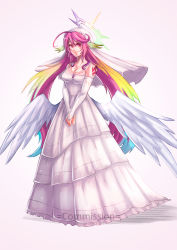 Rule 34 | 10s, 1girl, angel wings, breasts, bridal gauntlets, bridal veil, bride, cleavage, spiked halo, dress, elbow gloves, feathered wings, gloves, gzei, halo, jibril (no game no life), long hair, low wings, magic circle, medium breasts, multicolored eyes, multicolored hair, no game no life, pink hair, purple eyes, smile, solo, tattoo, veil, very long hair, wedding dress, white dress, white gloves, white wings, wing ears, wings, yellow eyes