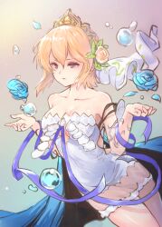 Rule 34 | 1girl, blonde hair, blue cape, blue eyes, blue flower, blue rose, breasts, cape, cleavage, closed mouth, dress, europa (granblue fantasy), flower, granblue fantasy, hair between eyes, hair flower, hair ornament, medium breasts, orange flower, orange rose, petals, red pupils, rose, short hair, simple background, solo, strapless, strapless dress, tiara, tomamatto, water drop, white dress