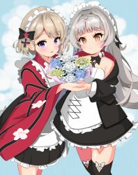 2girls absurdres apron azur_lane black_thighhighs blue_flower bouquet cross dress flower frilled_dress frills hetsuki highres holding holding_bouquet iron_cross light_blush long_hair looking_at_viewer maid maid_headdress mole mole_under_eye multiple_girls official_alternate_costume purple_eyes thighhighs white_apron white_flower yellow_eyes yellow_flower z23_(azur_lane) z23_(cafe_trainee_@new_base)_(azur_lane) z46_(azur_lane) z46_(chronicles_of_the_dust_wars)_(azur_lane)