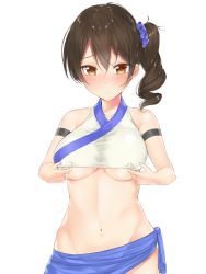 Rule 34 | 10s, 1girl, adapted costume, armlet, bad id, bad pixiv id, bare shoulders, blush, breasts, brown eyes, brown hair, collarbone, drill hair, hair between eyes, hair ornament, hair scrunchie, highres, kaga (kancolle), kantai collection, large breasts, long hair, looking at viewer, midriff, navel, nezumi doshi, sarong, scrunchie, side ponytail, simple background, solo, stomach, swimsuit, underboob, white background
