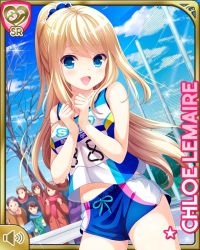 Rule 34 | 3girls, 4boys, blonde hair, blue eyes, blue shorts, blue vest, character name, chloe lemaire, clenched hands, cloud, coat, day, girlfriend (kari), gym uniform, hands on own chest, long hair, multiple boys, multiple girls, official art, outdoors, ponytail, qp:flapper, scarf, short shorts, shorts, sky, smile, solo focus, track and field, tree, very long hair, vest