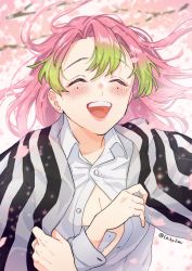 Rule 34 | 1girl, borrowed clothes, cherry blossoms, closed eyes, gradient hair, green hair, haori, happy, highres, jacket, japanese clothes, kanroji mitsuri, kimetsu no yaiba, mole, mole under eye, multicolored hair, open mouth, partially unbuttoned, petals, pink hair, shinishi chiho, smile, solo, solo focus, striped clothes, striped jacket, twitter username, vertical-striped clothes, vertical-striped jacket
