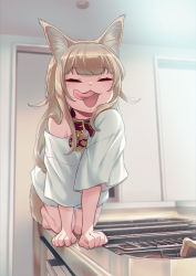 Rule 34 | 1girl, 40hara, all fours, animal collar, animal ear fluff, animal ears, blonde hair, blunt bangs, cat ears, cat girl, cat tail, closed eyes, collar, foreshortening, highres, kinako (40hara), licking lips, long hair, looking at viewer, open mouth, original, photo-referenced, red collar, shirt, solo, t-shirt, tail, tongue, tongue out, white shirt