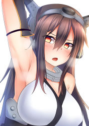 Rule 34 | 10s, 1girl, arm up, armpits, bare shoulders, blush, breasts, brown hair, female focus, headgear, kantai collection, large breasts, long hair, nagato (kancolle), open mouth, red eyes, simple background, smell, solo, suteba (grzjkbhgf), upper body, white background