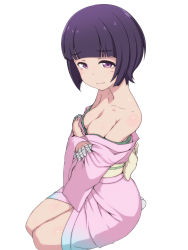 Rule 34 | 10s, 1girl, bad id, bad pixiv id, bare shoulders, blunt bangs, blush, bob cut, breasts, cleavage, closed mouth, collarbone, crossed arms, eromanga sensei, half-closed eyes, highres, japanese clothes, kimono, long sleeves, looking at viewer, medium breasts, off shoulder, purple eyes, purple hair, seiza, senju muramasa, short hair, simple background, sitting, solo, takeda yukimura, tears, wavy mouth, white background, wide sleeves