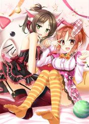 Rule 34 | 10s, 2girls, :d, abe nana, animal ears, bare shoulders, bell, brown eyes, brown hair, cat ears, cat tail, fang, feet, from side, garter straps, green eyes, idolmaster, idolmaster cinderella girls, jingle bell, maekawa miku, multiple girls, no shoes, open mouth, paw pose, rabbit ears, short hair, skywaker, smile, striped clothes, striped legwear, striped thighhighs, tail, thighhighs