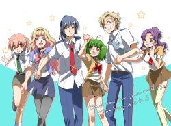 Rule 34 | 3boys, 3girls, blonde hair, blue eyes, blue hair, blush, breasts, brown eyes, drill hair, glasses, green hair, holding hands, happy, height difference, hidou (thron), hidou ryouji, large breasts, long hair, luca angeloni, macross, macross frontier, matsuura nanase, mikhail buran, multiple boys, multiple girls, necktie, open mouth, pantyhose, pink hair, pointy ears, ponytail, purple eyes, purple hair, ranka lee, red eyes, saotome alto, school uniform, sheryl nome, short hair, size difference, smile, star (symbol), thighhighs, zettai ryouiki