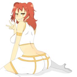 Rule 34 | 00s, 1girl, ass, bare shoulders, breasts, butt crack, freckles, grin, gundam, gundam 00, long hair, nena trinity, red hair, shorts, sideboob, sitting, smile, solo, tanuki5, two side up, v, wariza, yellow eyes