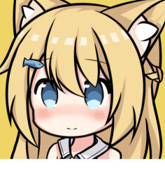 Rule 34 | animal ear fluff, animal ears, bare shoulders, blonde hair, blue eyes, blush, braid, cat ears, closed mouth, commentary request, copyright request, fish hair ornament, hair between eyes, hair ornament, long hair, nagato-chan, nose blush, portrait, sailor collar, simple background, smile, solo, virtual youtuber, white sailor collar, yellow background