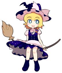 Rule 34 | 1girl, apron, blonde hair, blue eyes, blush, bow, braid, bright pupils, broom, broom riding, buttons, commentary request, cookie (touhou), crescent, crescent pin, flat chest, frilled apron, frilled hat, frills, full body, hair bow, hat, hat bow, hospital king, kirisame marisa, looking to the side, meguru (cookie), open mouth, purple bow, purple footwear, purple hat, purple skirt, purple vest, shoes, short hair, side braid, simple background, single braid, skirt, smile, solo, teeth, touhou, upper teeth only, vest, waist apron, white apron, white bow, white pupils, witch hat