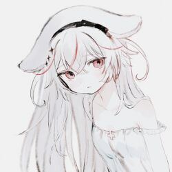 Rule 34 | 1girl, animal ears, dress, greyscale, highres, long hair, looking at viewer, monochrome, open mouth, original, red eyes, ribbon, simple background, solo, white background, yorunogumo