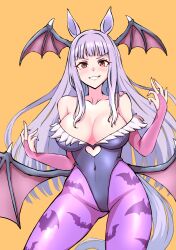 Rule 34 | 1girl, animal ears, animal print, bare shoulders, bat print, breasts, bridal gauntlets, brown eyes, cleavage, clothing cutout, commentary request, contrapposto, cosplay request, cowboy shot, double middle finger, fake wings, gloves, gold ship (umamusume), grey hair, grin, head wings, heart cutout, highleg, highleg leotard, highres, horse ears, horse girl, horse tail, large breasts, leotard, looking at viewer, middle finger, pantyhose, pink gloves, pink pantyhose, smile, strapless, strapless leotard, tail, umamusume, wings, yamaaaaaada, yellow background