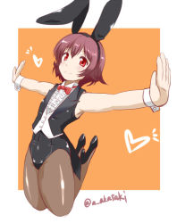 Rule 34 | 10s, 1girl, akai akasaki, animal ears, bow, bowtie, brown hair, center frills, coat tails, fake animal ears, foreshortening, frills, kantai collection, mutsuki (kancolle), outside border, outstretched arms, pantyhose, perspective, playboy bunny, rabbit ears, red eyes, short hair, spread arms, tail coat, tailcoat, vest, wrist cuffs