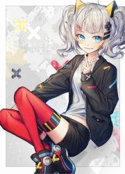 Rule 34 | 1girl, absurdres, animal ears, black footwear, black jacket, black shorts, blue eyes, cat ears, character name, copyright name, fake animal ears, grey shirt, hair ornament, hairclip, highres, huge filesize, jacket, jewelry, kaguya luna, long hair, long sleeves, looking at viewer, midriff, open clothes, open jacket, red thighhighs, ring, shirt, shoes, short shorts, shorts, silver, sitting, sneakers, solo, stomach, the moon studio, thigh strap, thighhighs, twintails, v, virtual youtuber, ye jji, zettai ryouiki