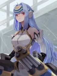 Rule 34 | 1girl, android, bare shoulders, blue hair, breasts, cleavage, elbow gloves, forehead protector, gloves, highres, kos-mos, large breasts, leotard, long hair, looking at viewer, medium breasts, red eyes, remaco, solo, thighhighs, very long hair, weapon, xenosaga