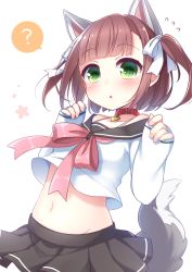 Rule 34 | 1girl, ?, animal ears, azur lane, black skirt, blush, brown hair, collar, collarbone, flying sweatdrops, green eyes, groin, heart collar, leaning back, midriff, navel, parted lips, pleated skirt, sanotsuki, shiratsuyu (azur lane), shirt, skirt, sleeves past wrists, solo, spoken question mark, tail, triangle mouth, two side up, white background, white shirt