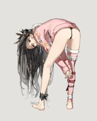 Rule 34 | 1girl, :&lt;, ankle ribbon, ass, barefoot, bent over, black hair, fate/grand order, fate (series), feijiu, from behind, highres, ishtar (fate), ishtar (swimsuit rider) (fate), jacket, leg ribbon, long hair, looking at viewer, looking back, pink jacket, red eyes, ribbon, signature, simple background, single sock, socks, solo, thong