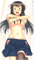 Rule 34 | 1girl, absurdres, agano (kancolle), alternate costume, aqua eyes, black eyes, black hair, blue skirt, blush, breasts, clothes lift, commentary request, cosplay, dated, highres, kantai collection, key kun, knee up, large breasts, long hair, looking at viewer, navel, ooyodo (kancolle), ooyodo (kancolle) (cosplay), open mouth, panties, pleated skirt, scan, shirt lift, simple background, single thighhigh, skindentation, skirt, solo, stomach, surprised, thighhighs, twitter username, underboob, underwear, white panties