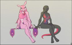 Rule 34 | 2girls, animal ears, animal feet, arm at side, arms at sides, artist name, barefoot, black eyes, black skin, body fur, breasts, claws, closed mouth, collarbone, colored sclera, colored skin, completely nude, creatures (company), crossed ankles, dated, feet, female focus, furry, furry female, game freak, gen 7 pokemon, grey background, half-closed eyes, hand on own thigh, highres, knee up, legs together, lizard tail, looking at viewer, looking down, lovander, lucas gaxiola, maebari, multicolored skin, multiple girls, navel, nintendo, no nipples, nude, palworld, pink fur, pokemon, pokemon (creature), purple sclera, purple skin, red eyes, red skin, reptile girl, salazzle, signature, simple background, sitting, small breasts, snout, stomach, tail, toes, tongue, tongue out, two-tone fur, white fur