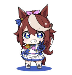 Rule 34 | 1girl, animal ears, blue gloves, blush, boots, brown hair, colored shadow, commentary request, epaulettes, full body, gloves, grin, hair between eyes, hair ribbon, hand on own hip, horse ears, horse girl, horse tail, jacket, looking at viewer, multicolored hair, nozo (hitomiz), pink ribbon, pleated skirt, ponytail, ribbon, shadow, single epaulette, skirt, smile, solo, sparkling eyes, standing, streaked hair, tail, tokai teio (umamusume), umamusume, v-shaped eyebrows, white background, white footwear, white jacket, white skirt