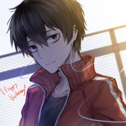 Rule 34 | 1boy, bags under eyes, black eyes, black hair, blurry, blurry background, chain-link fence, closed mouth, collarbone, collared jacket, earphones, english text, fence, hair between eyes, happy birthday, highres, jacket, kagerou project, kisaragi shintarou, looking to the side, male focus, mekakucity actors, outdoors, pandalove59, popped collar, red jacket, short hair, solo, upper body