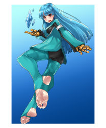 Rule 34 | 1girl, 2022, alternate costume, blue hair, blush, bodysuit, border, breasts, colored inner hair, eiji (eiji), evolution championship series, feet, foot focus, foreshortening, from behind, full body, gloves, green bodysuit, highres, ice, kula diamond, long hair, looking at viewer, looking back, lower teeth only, multicolored hair, open mouth, red eyes, small breasts, soles, solo, teeth, the king of fighters, the king of fighters xv, toes, white border, yellow gloves