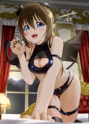 Rule 34 | 1girl, all fours, alternate hairstyle, amamiya (re-amamiya), arm strap, arm support, bedroom, black bow, black nails, black panties, black shirt, black socks, blue eyes, blush, bow, breast press, breasts, brown hair, check commentary, claw pose, cleavage, cleavage cutout, clothing cutout, commentary request, crop top, demon girl, demon horns, demon tail, demon wings, fangs, full moon, hair between eyes, hair bow, hand up, highres, horns, indoors, kneehighs, lamp, long hair, looking at viewer, love live!, medium breasts, moon, nail polish, night, night sky, on bed, open mouth, osaka shizuku, panties, pointy ears, red curtains, shirt, sidelocks, sky, smile, socks, solo, stomach, tail, thigh strap, thighs, underwear, window, wings