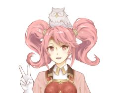 Rule 34 | 1girl, animal, armor, bberry jia, bird, breasts, feh (fire emblem heroes), fire emblem, fire emblem echoes: shadows of valentia, fire emblem heroes, gloves, highres, long hair, looking at viewer, mae (fire emblem), nintendo, open mouth, owl, pink hair, red eyes, twintails, v, white background