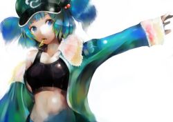Rule 34 | 1girl, adapted costume, bad id, bad pixiv id, blue eyes, blue hair, crop top, female focus, hair bobbles, hair ornament, hat, inoe, inoe (noie), kawashiro nitori, key, matching hair/eyes, midriff, mouth hold, navel, short hair, solo, sports bra, touhou, twintails, two side up